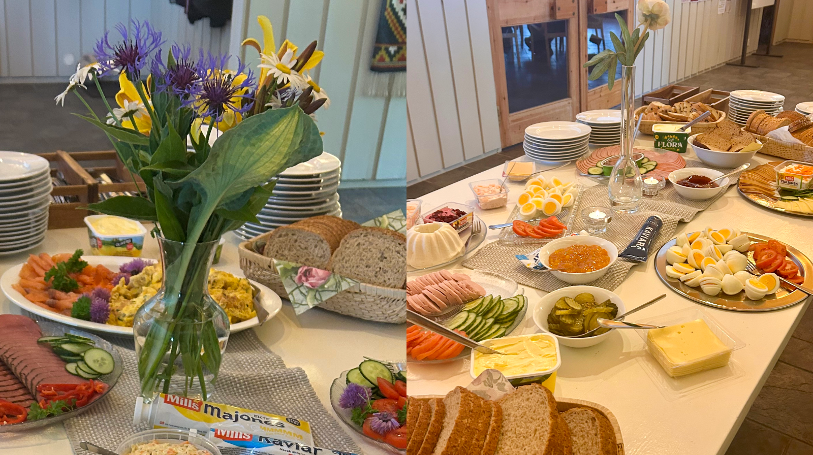 Dekket bord med pålegg, brød og blomster - klart til lunsj på Temakafé - foto Karoline Gulbrandsen