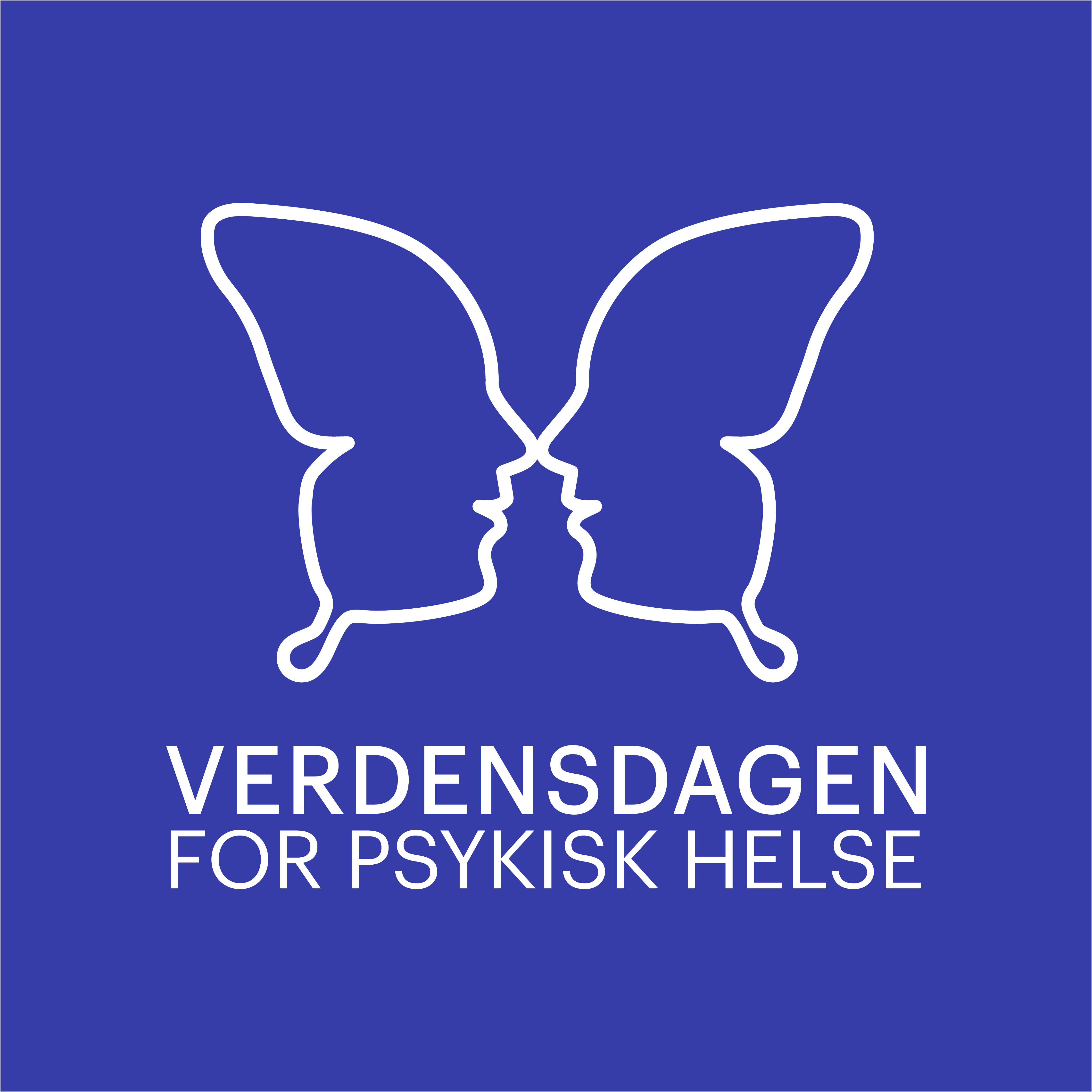 Blå logo mede hvit skrift,  Verdensdagen for psykisk helse. Logo er to ansikter mot hverandre som danner en sommerfugl